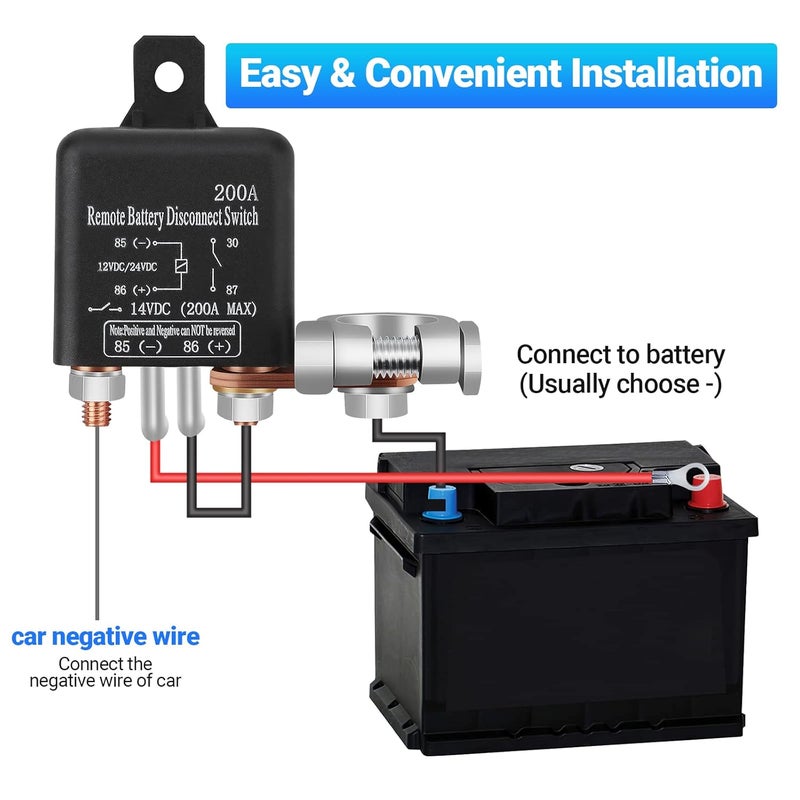 FEITON DC12V 200A Remote Battery Disconnect Switch Kill Switch with Black Negative Wire for Car Truck Anti-Theft Prevent Battery Drain Battery Switch Isolator (360A Starting Current) - Image 2
